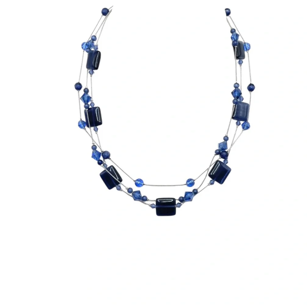 New~ Lia Sophia Cobalt Blue Art Glass Crystal Layered Illusion Necklace Retired